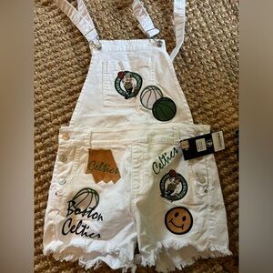 Boston Celtics‎ Distressed White Denim Overall Shorts